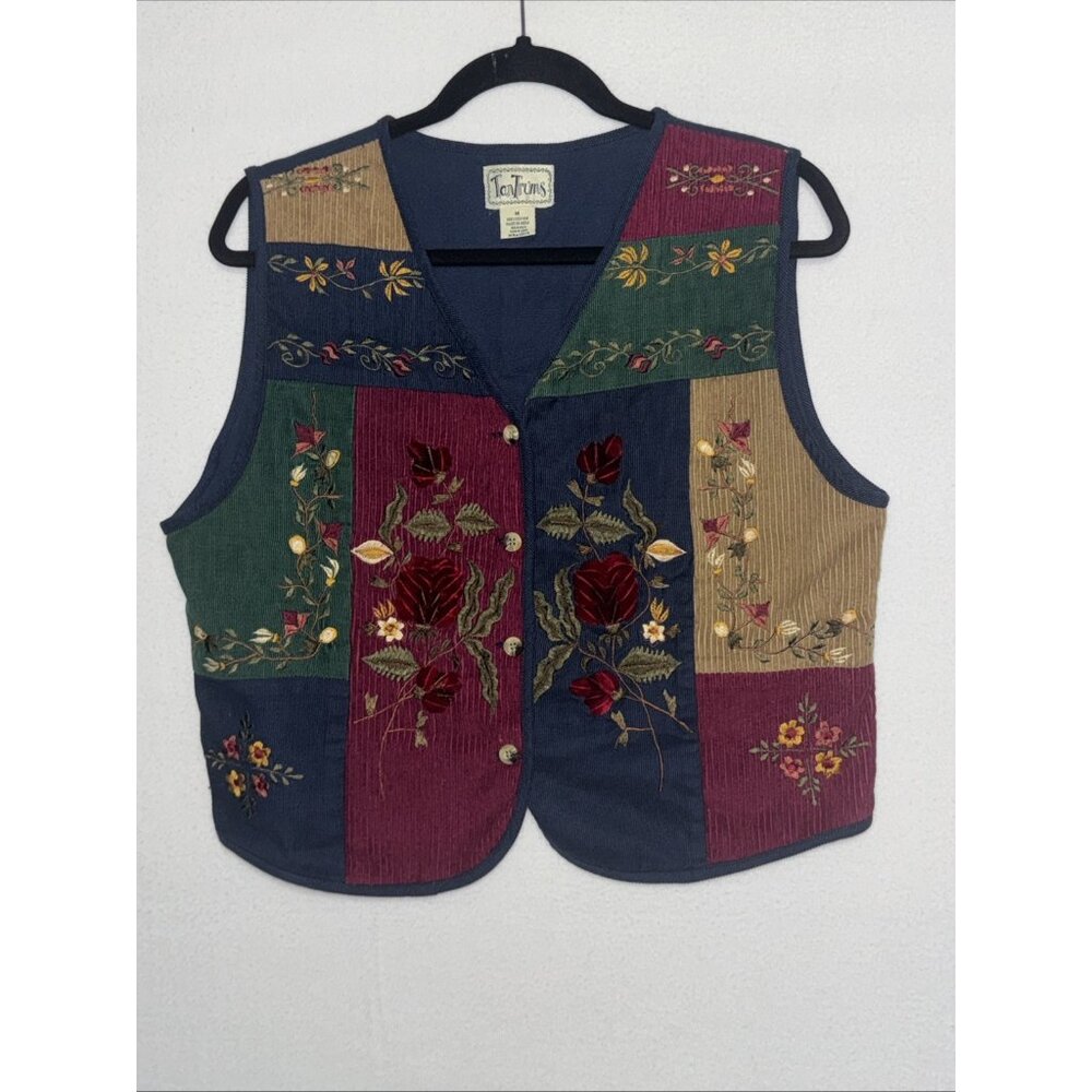 Vintage Tantrums Corduroy Vest 100% Cotton Boho Patchwork Floral Medium Button
